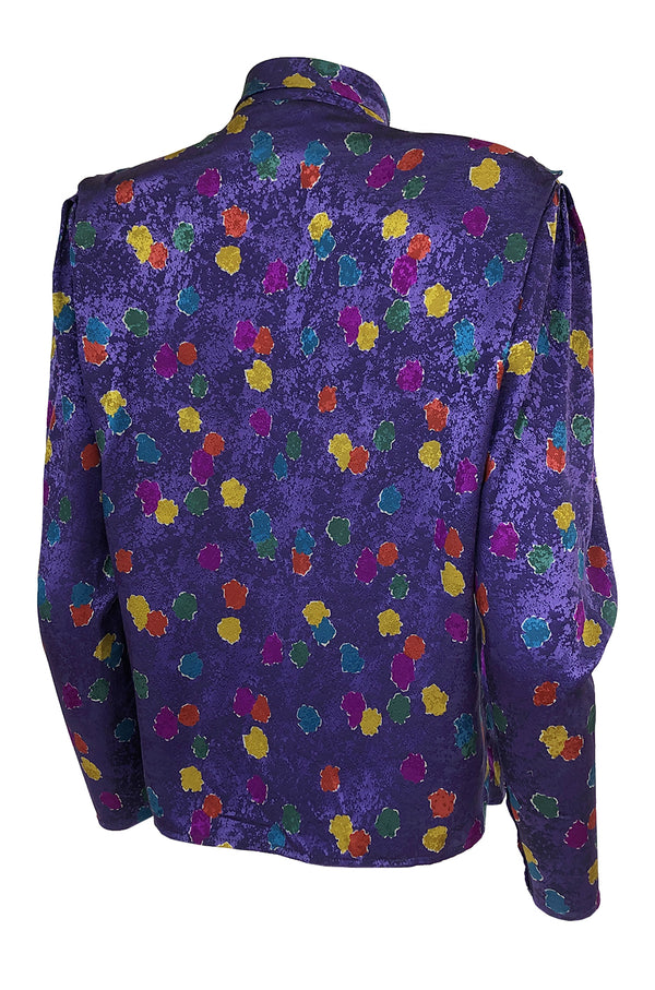 1980s Emanuel Ungaro Unusual Sleeve Purple Print Silk Top w Tie