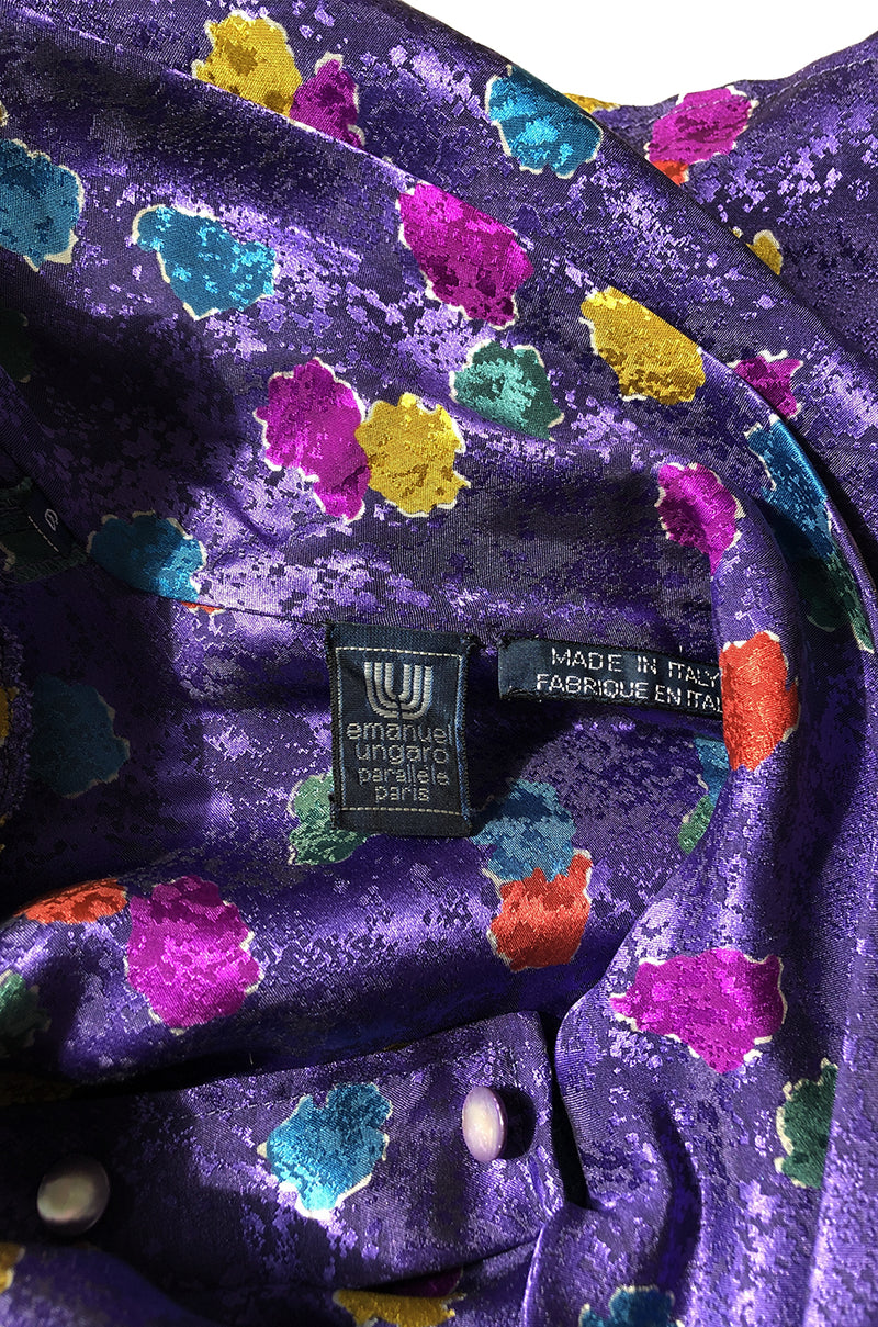 1980s Emanuel Ungaro Unusual Sleeve Purple Print Silk Top w Tie
