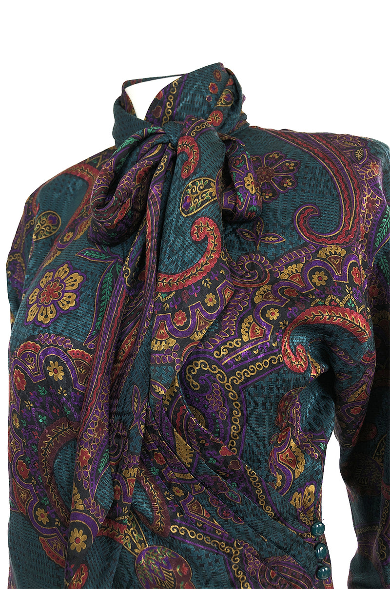 1980s Emanuel Ungaro Printed Silk Wrap Top w Matching Tie