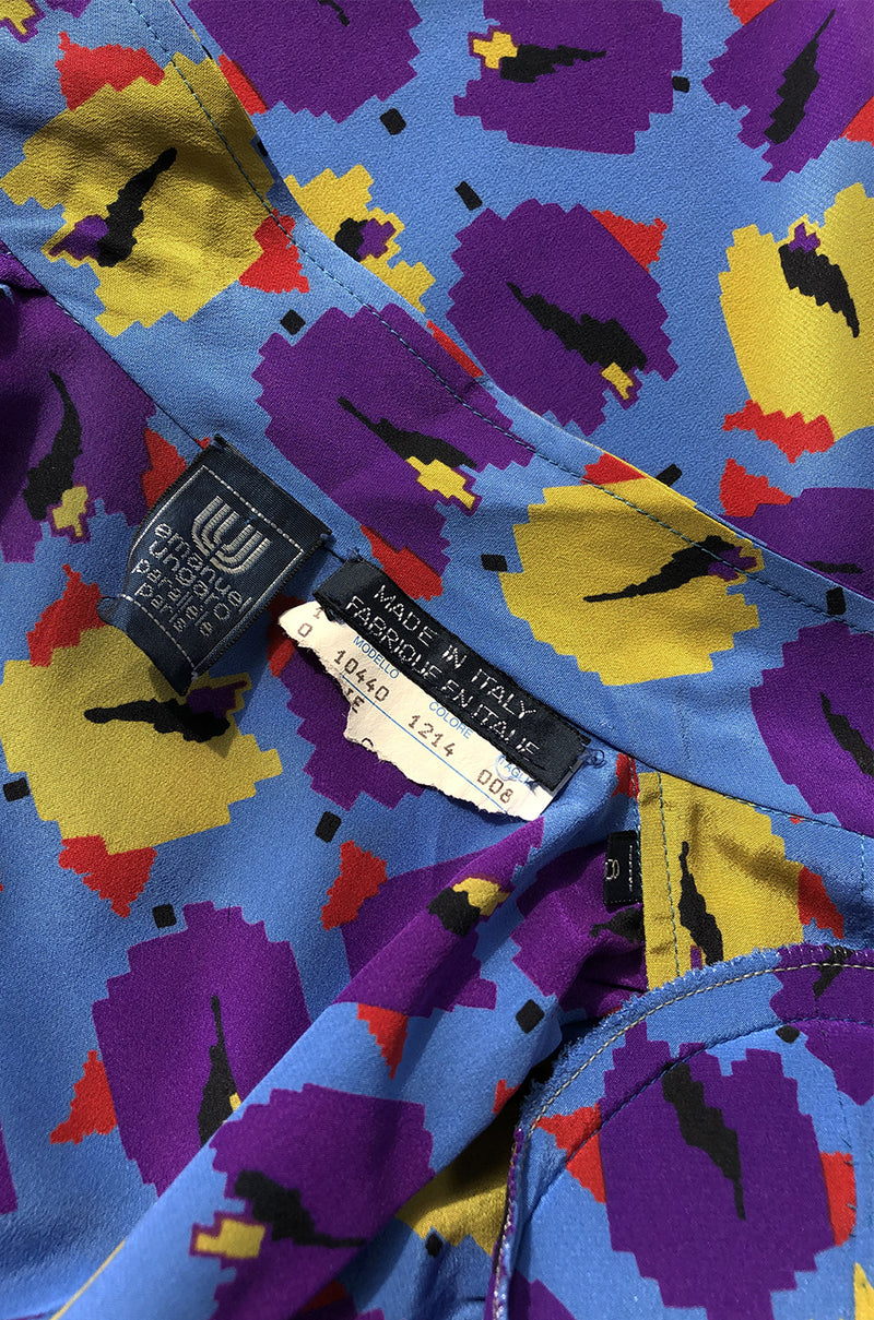 1980s Emanual Ungaro Bright Purple & Blue Printed Silk Top