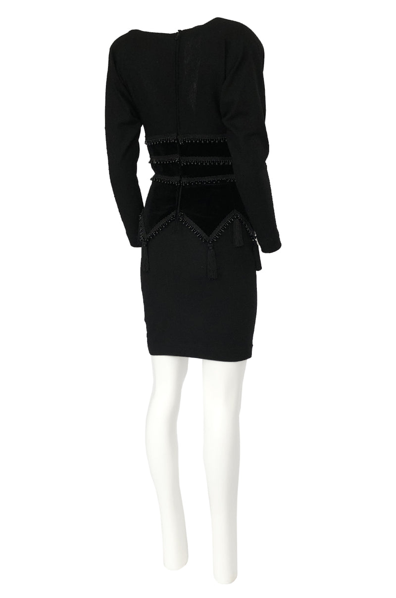 1980s Isabel Allard Paris Plunge Dress w Velvet and Huge Tassel Detail