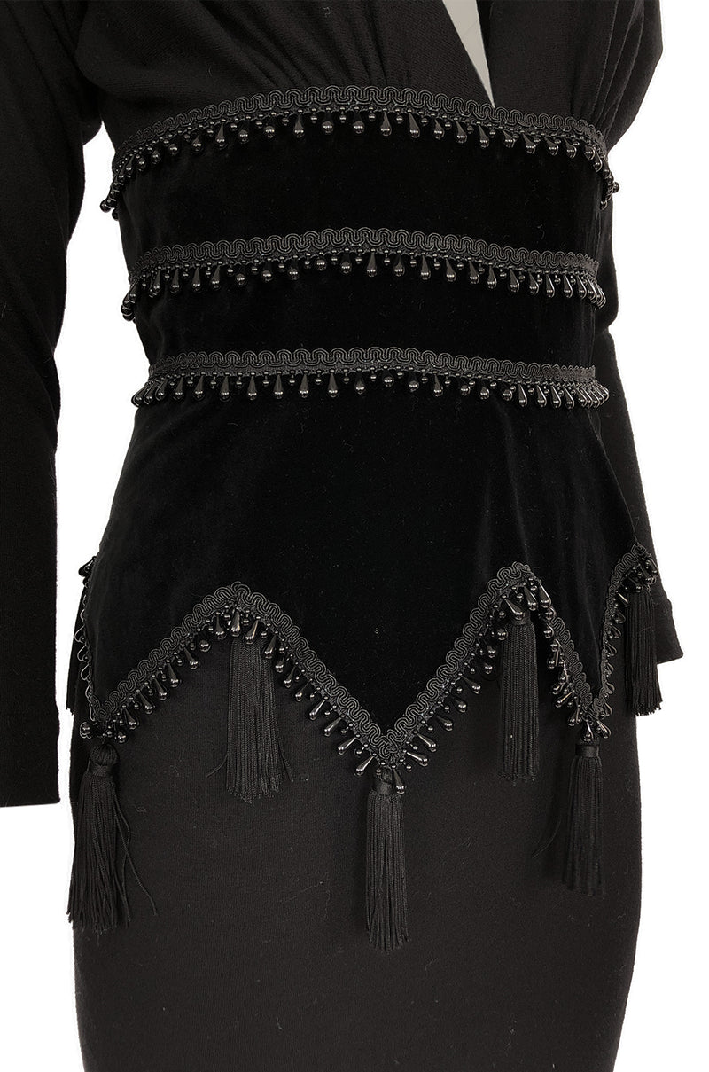 1980s Isabel Allard Paris Plunge Dress w Velvet and Huge Tassel Detail