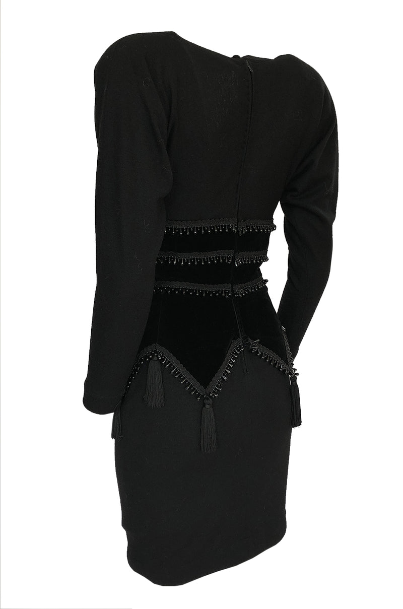 1980s Isabel Allard Paris Plunge Dress w Velvet and Huge Tassel Detail