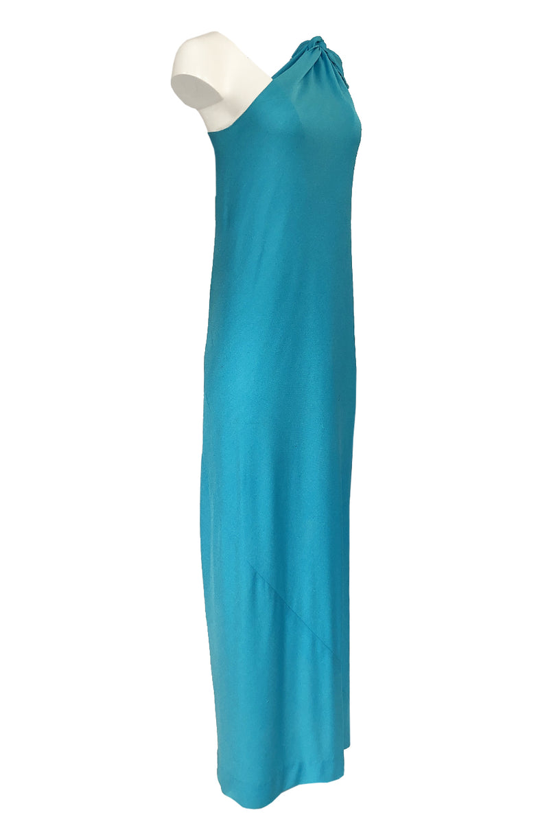 1970s Halston Vivid Turquoise Color One Shoulder Jersey Dress