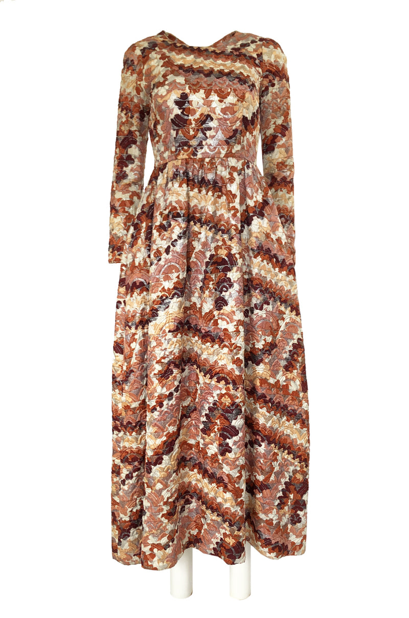 1967 Unlabeled Geoffrey Beene Silk Pink & Taupe Metallic Brocade Dress