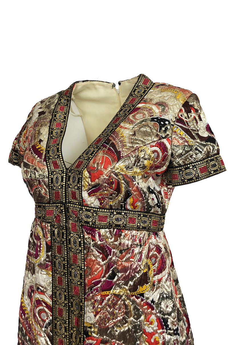 1960s Unlabeled Quilted Metallic Dress w a Metallic 'Jewel' Banding Detail