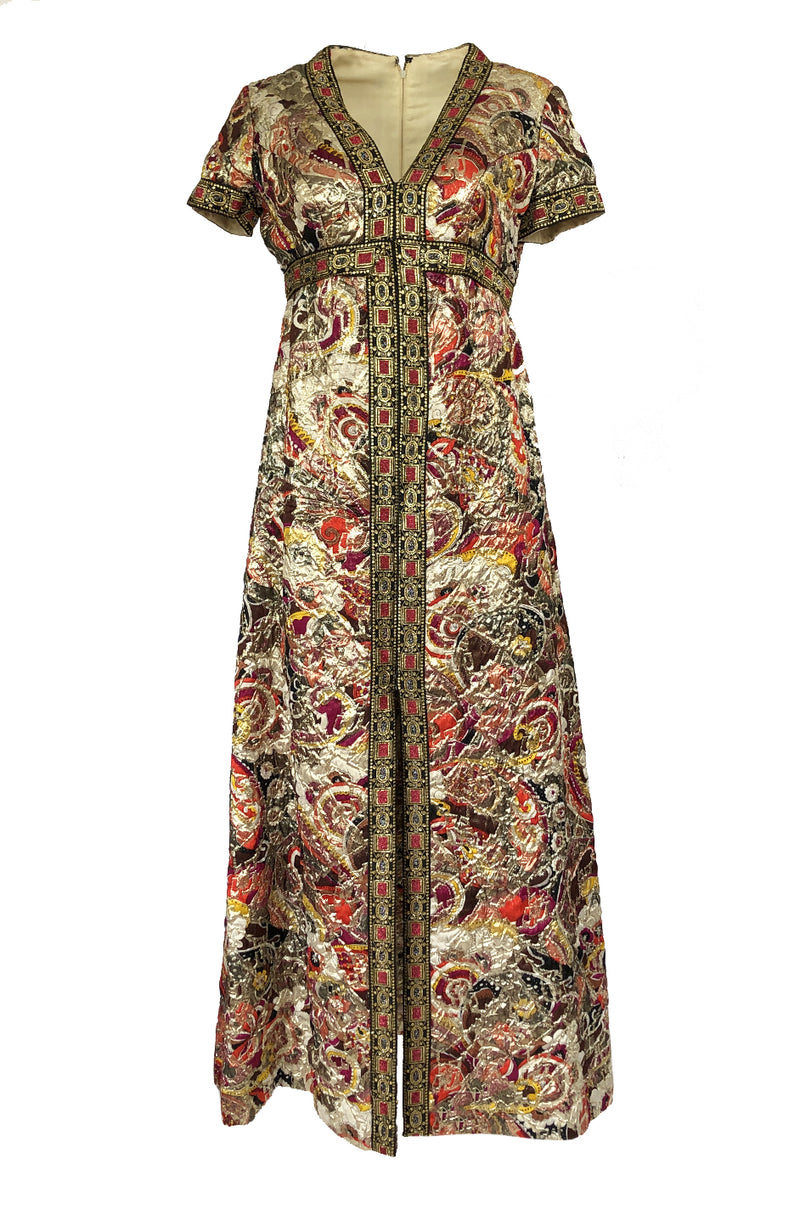 1960s Unlabeled Quilted Metallic Dress w a Metallic 'Jewel' Banding Detail