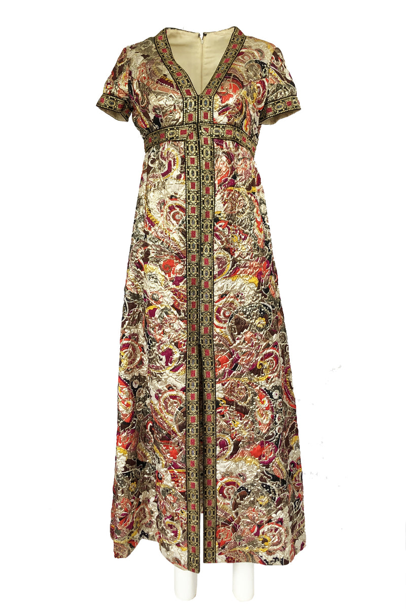 1960s Unlabeled Quilted Metallic Dress w a Metallic 'Jewel' Banding Detail