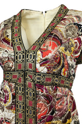 1960s Unlabeled Quilted Metallic Dress w a Metallic 'Jewel' Banding Detail