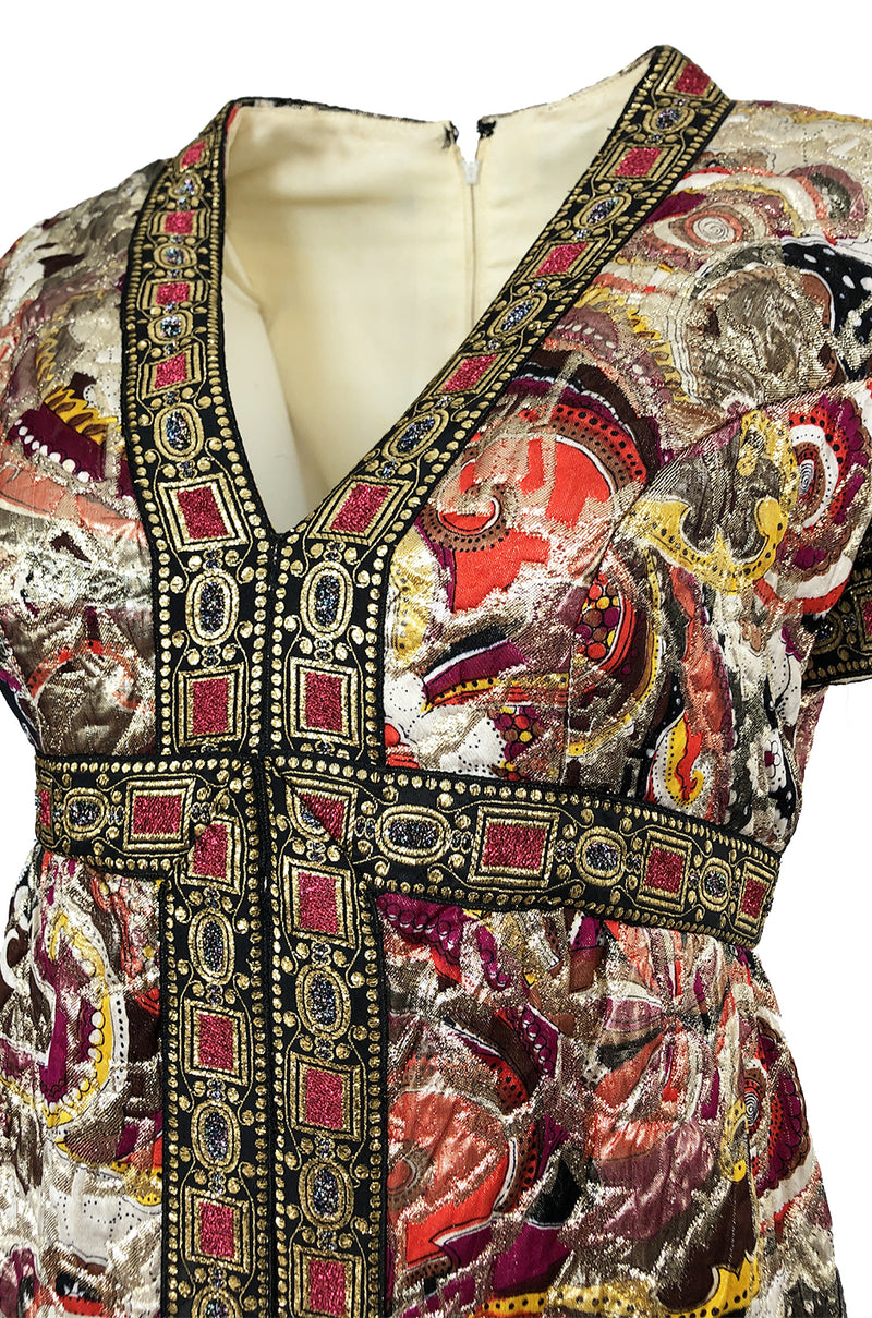 1960s Unlabeled Quilted Metallic Dress w a Metallic 'Jewel' Banding Detail