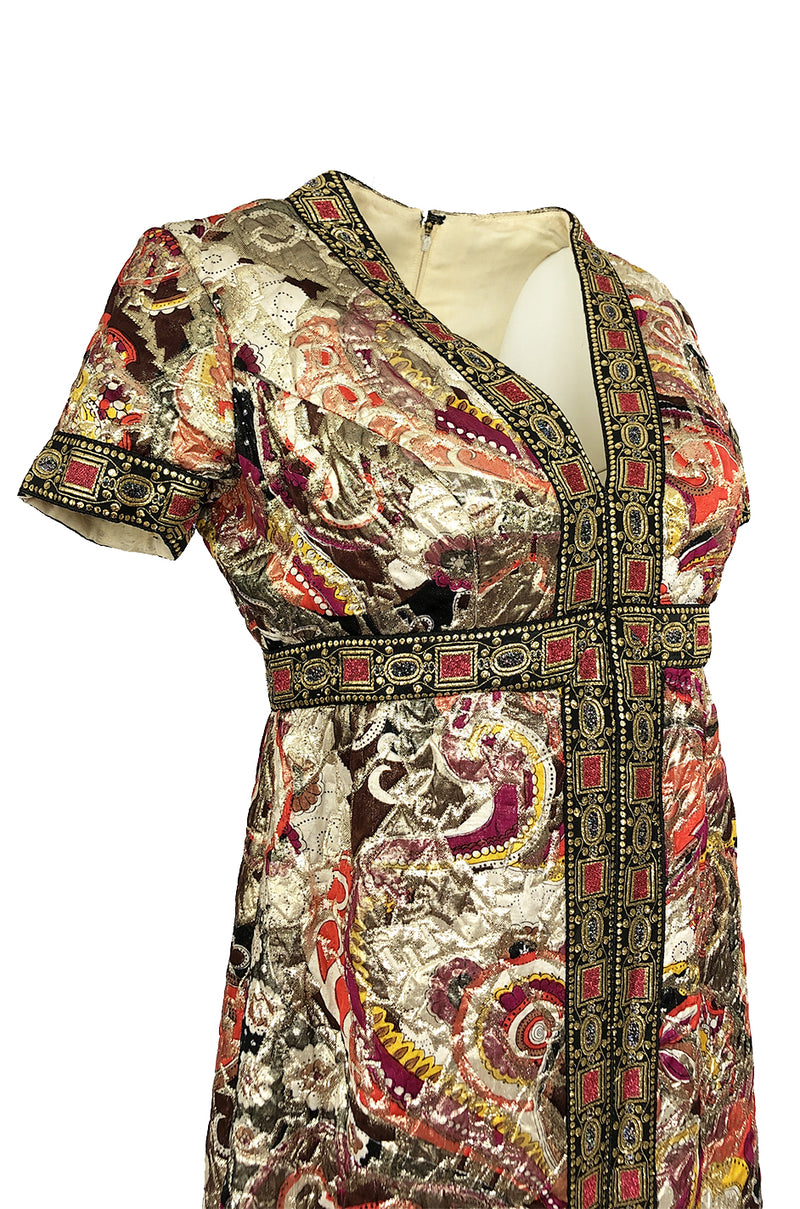 1960s Unlabeled Quilted Metallic Dress w a Metallic 'Jewel' Banding De ...