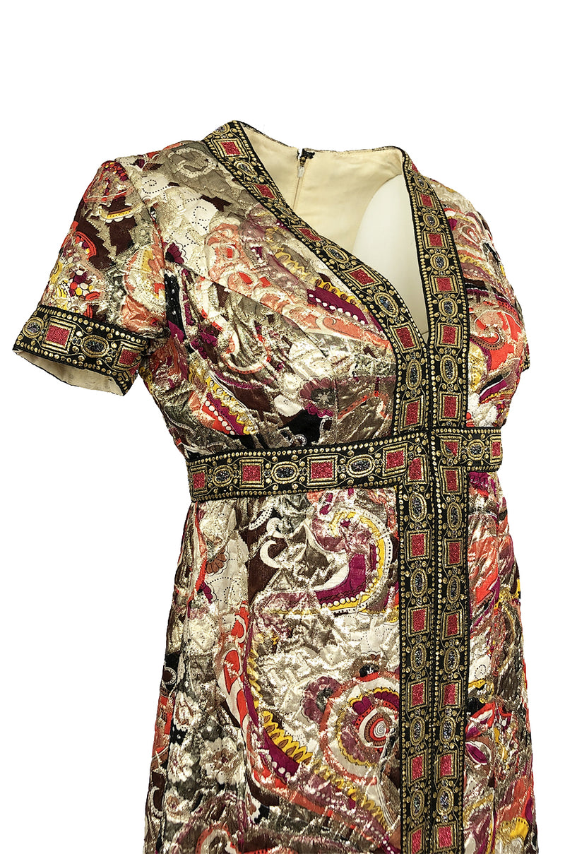 1960s Unlabeled Quilted Metallic Dress w a Metallic 'Jewel' Banding Detail