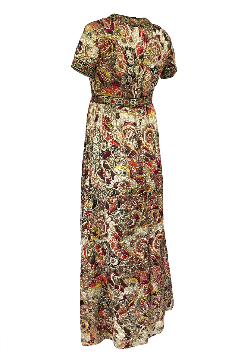 1960s Unlabeled Quilted Metallic Dress w a Metallic 'Jewel' Banding Detail