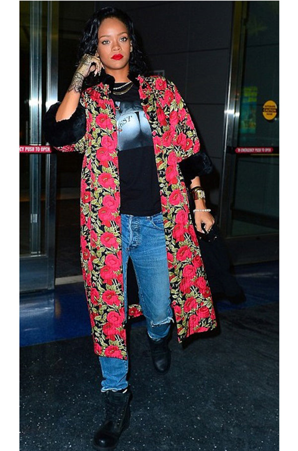 1970s Fur Trimmed Christian Floral Silk Dior Coat