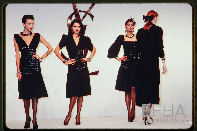Fall 1983 Yves Saint Laurent Ad Campaign Black Silk Crepe Dress w Sequin Detailing