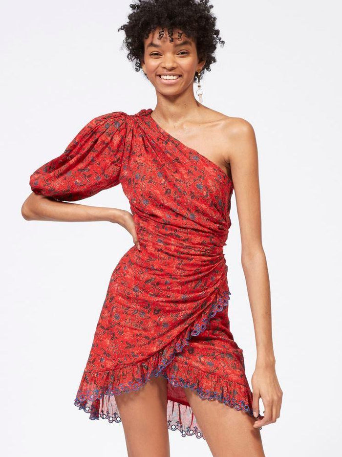 isabel marant etoile esther one shoulder dress toile Isabel Marant One Shoulder Puff Sleeve Dress