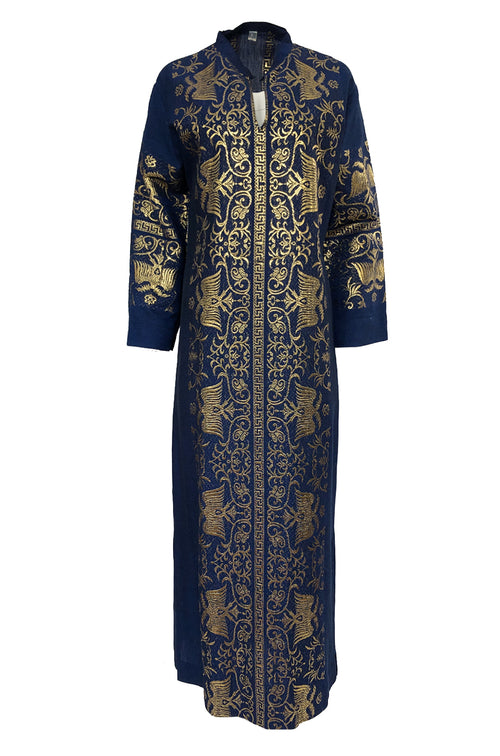 1960s Made in Greece Elaborate Metallic Gold Thread on Blue Caftan Dress