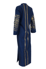 1960s Made in Greece Elaborate Metallic Gold Thread on Blue Caftan Dress