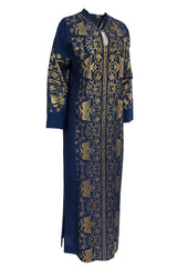 1960s Made in Greece Elaborate Metallic Gold Thread on Blue Caftan Dress
