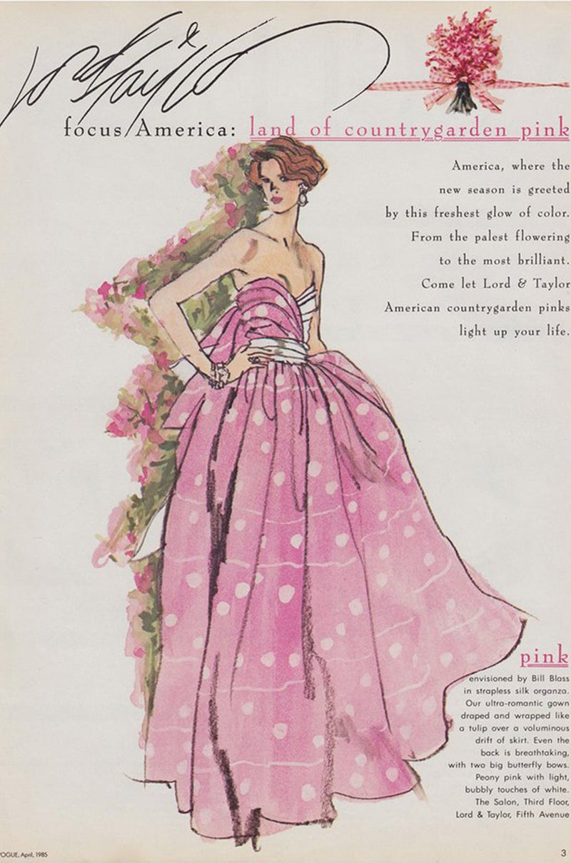 Spring 1985 Bill Blass Dotted Yellow & White Silk Organza Ad Campaign Strapless Dress