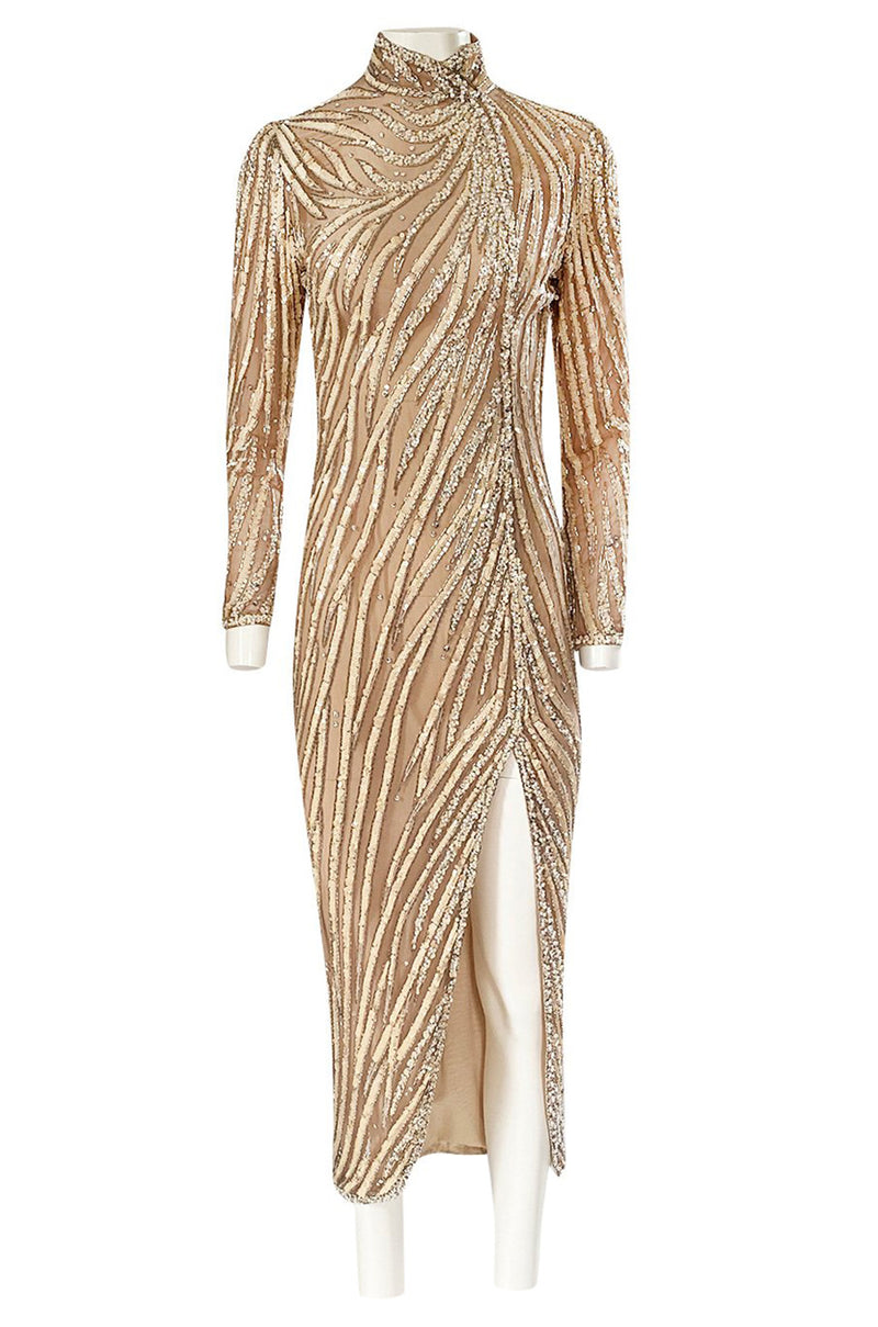 1980s Bob Mackie Ivory Sequin & Nude Stretch Net High Slit Dress Shrimpton Couture 1980s Bob Mackie Ivory Sequin & Nude Stretch Net High Slit Dress Shrimpton Couture
