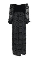 1970s Adele Simpson Off-Shoulder Pouf Sleeve Velvet  & Chiffon Dress