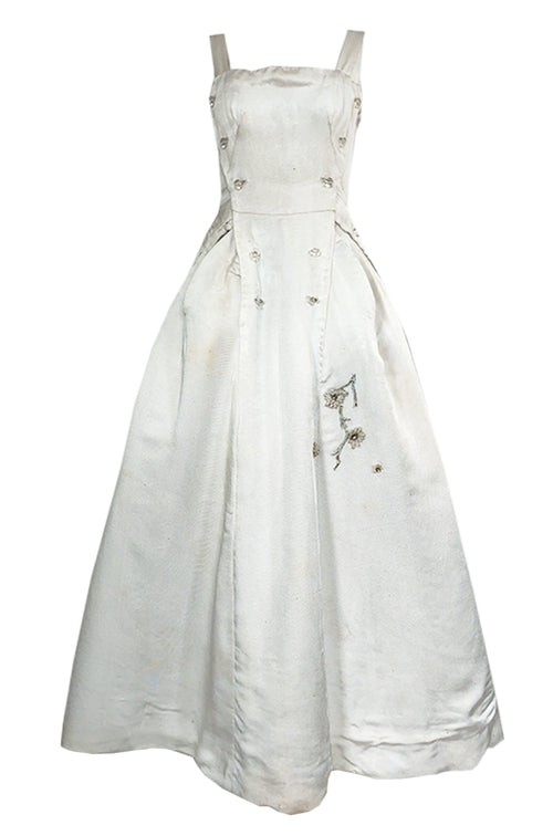 Fall 1952 Christian Dior Haute Couture Ivory Silk Button Dress w Underskirts