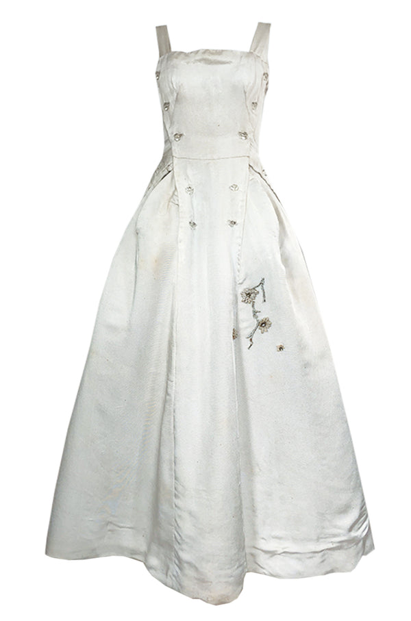 Fall 1952 Christian Dior Haute Couture Ivory Silk Button Dress w Underskirts