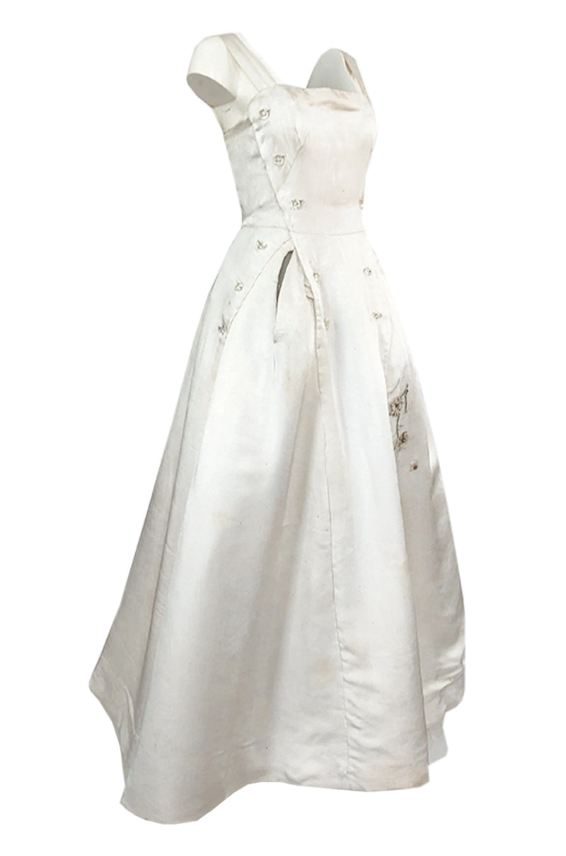 Fall 1952 Christian Dior Haute Couture Ivory Silk Button Dress w Underskirts