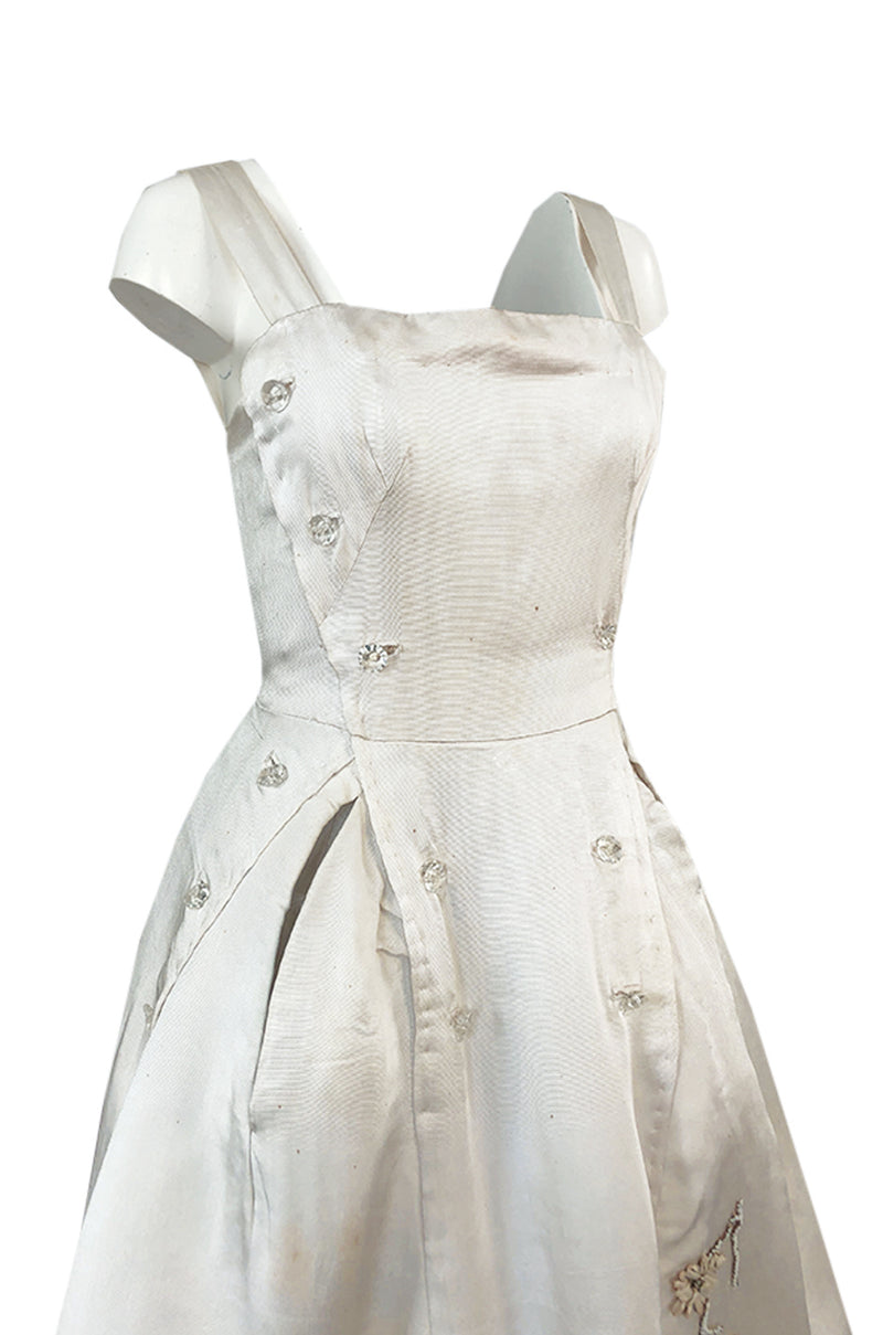 Fall 1952 Christian Dior Haute Couture Ivory Silk Button Dress w Underskirts
