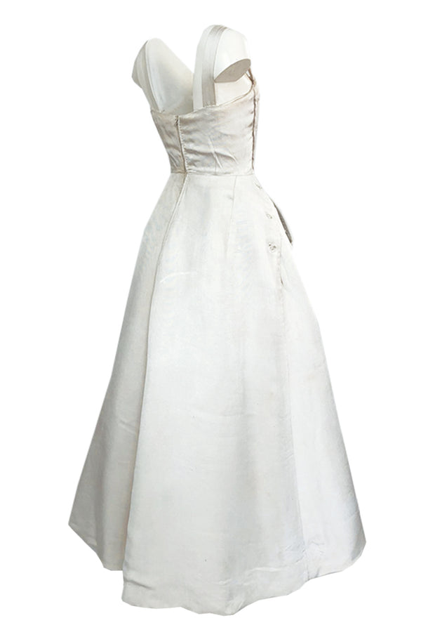 Fall 1952 Christian Dior Haute Couture Ivory Silk Button Dress w Underskirts