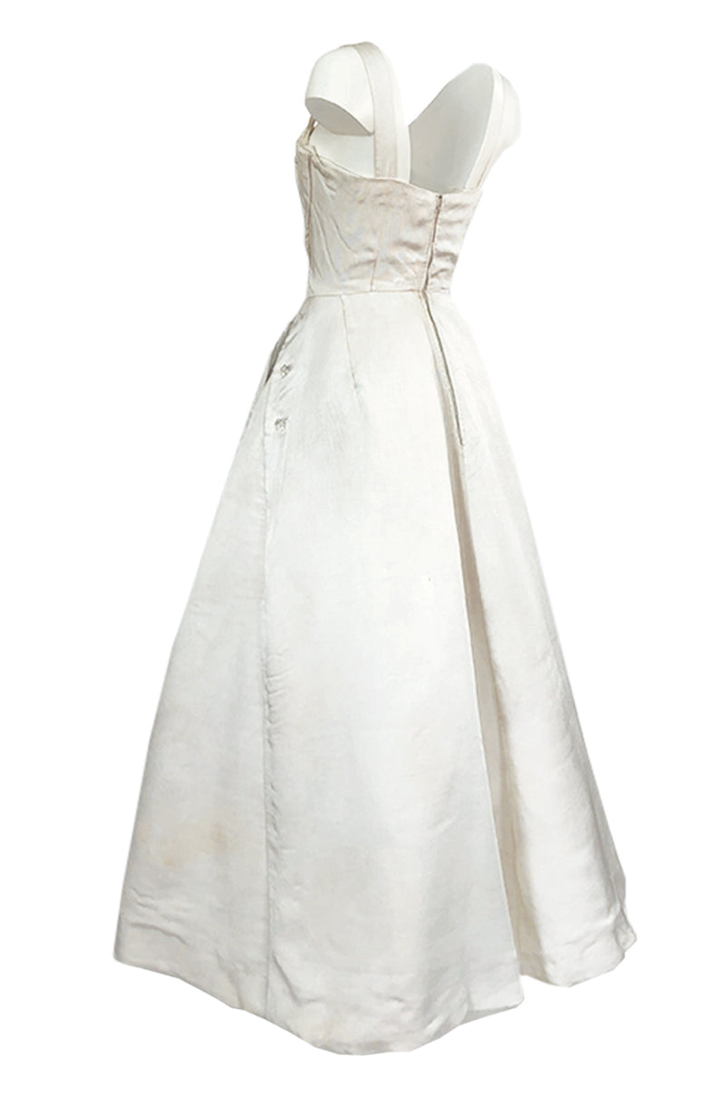 Fall 1952 Christian Dior Haute Couture Ivory Silk Button Dress w Underskirts