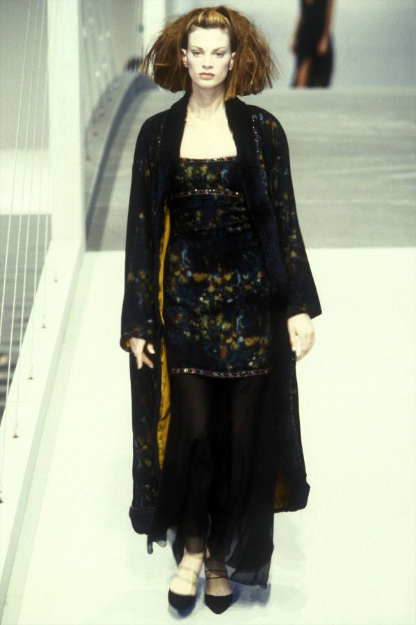 Striking Fall 1997 Chanel by Karl Lagerfeld Runway Watercolour Black Dress w Bead Detail