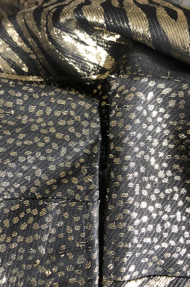 1970s Pauline Trigere Strapless Gold & Black Lame Dress w Huge Shawl