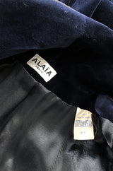 Rare Fall 1989 Azzedine Alaia Blue Velvet Runway Jacket w Black Trim