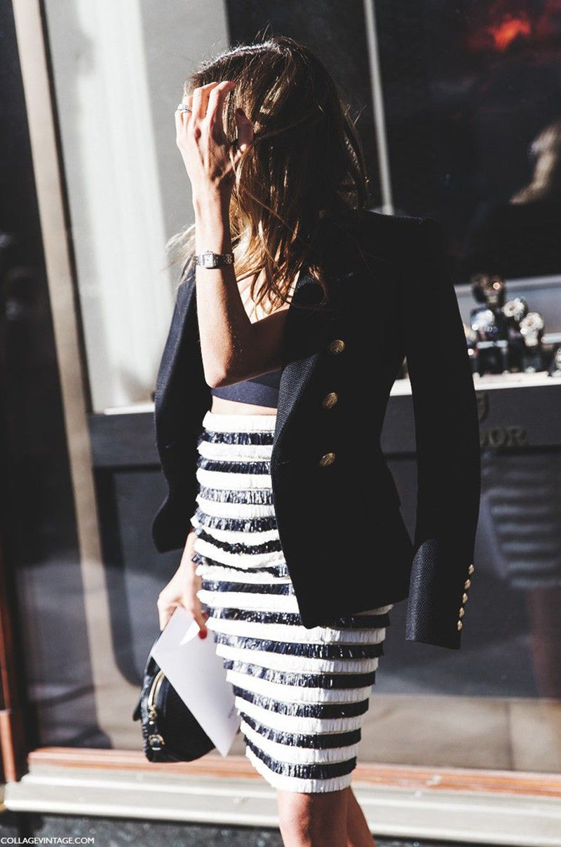 Resort 2015 Balmain Runway Graphic Striped Raffia Black & White Skirt