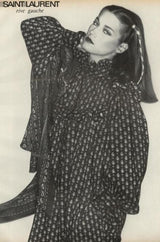 Fall 1977 Yves Saint Laurent Pretty Floral Printed Silk Smock Dress w Velvet Detailing