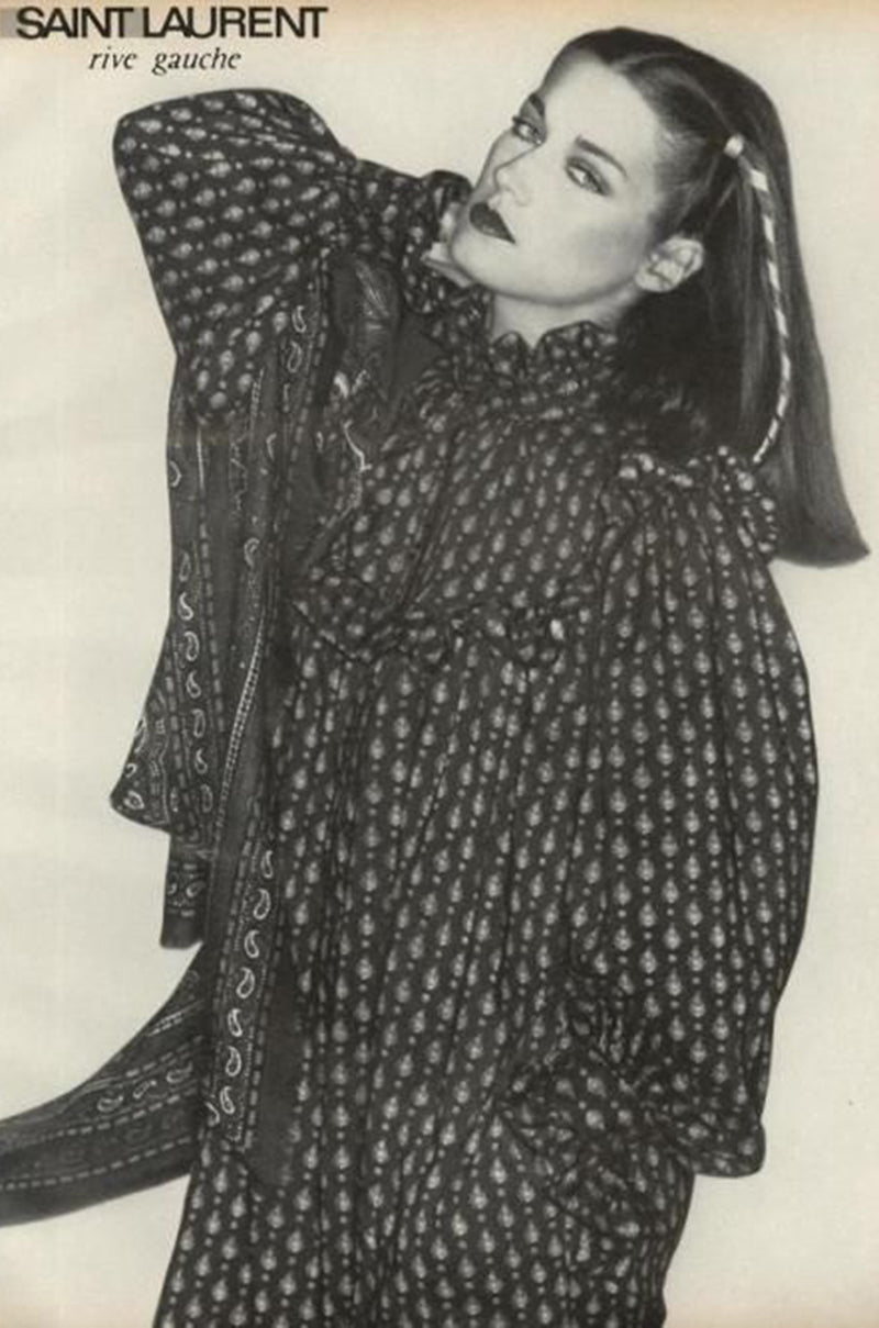 Fall 1977 Yves Saint Laurent Pretty Floral Printed Silk Smock Dress w Velvet Detailing