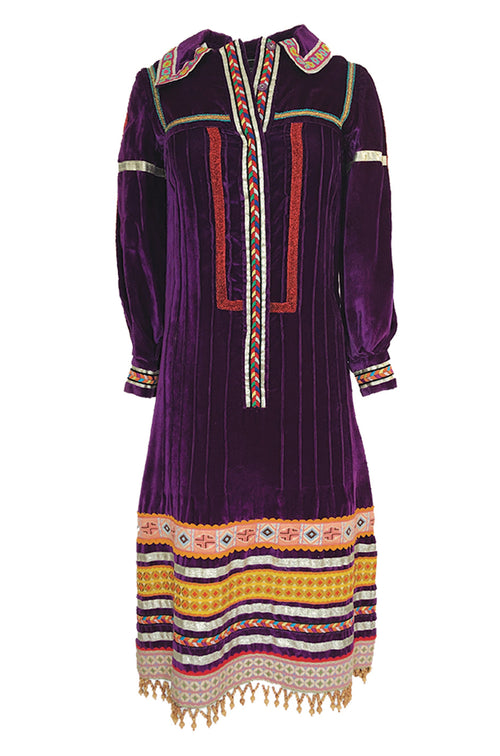 1968 Giorgio Sant'Angelo Purple Applique Velvet Dress w Wood Bead Fringe