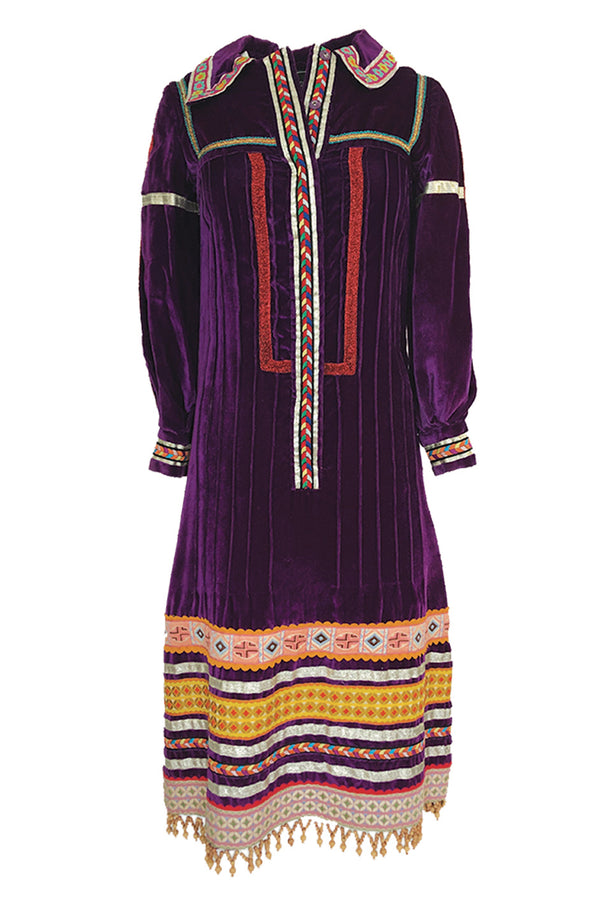 1968 Giorgio Sant'Angelo Purple Applique Velvet Dress w Wood Bead Fringe