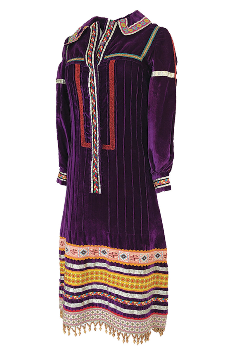 1968 Giorgio Sant'Angelo Purple Applique Velvet Dress w Wood Bead Fringe