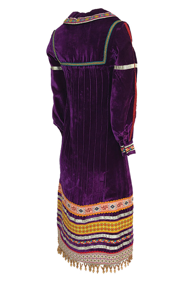 1968 Giorgio Sant'Angelo Purple Applique Velvet Dress w Wood Bead Fringe