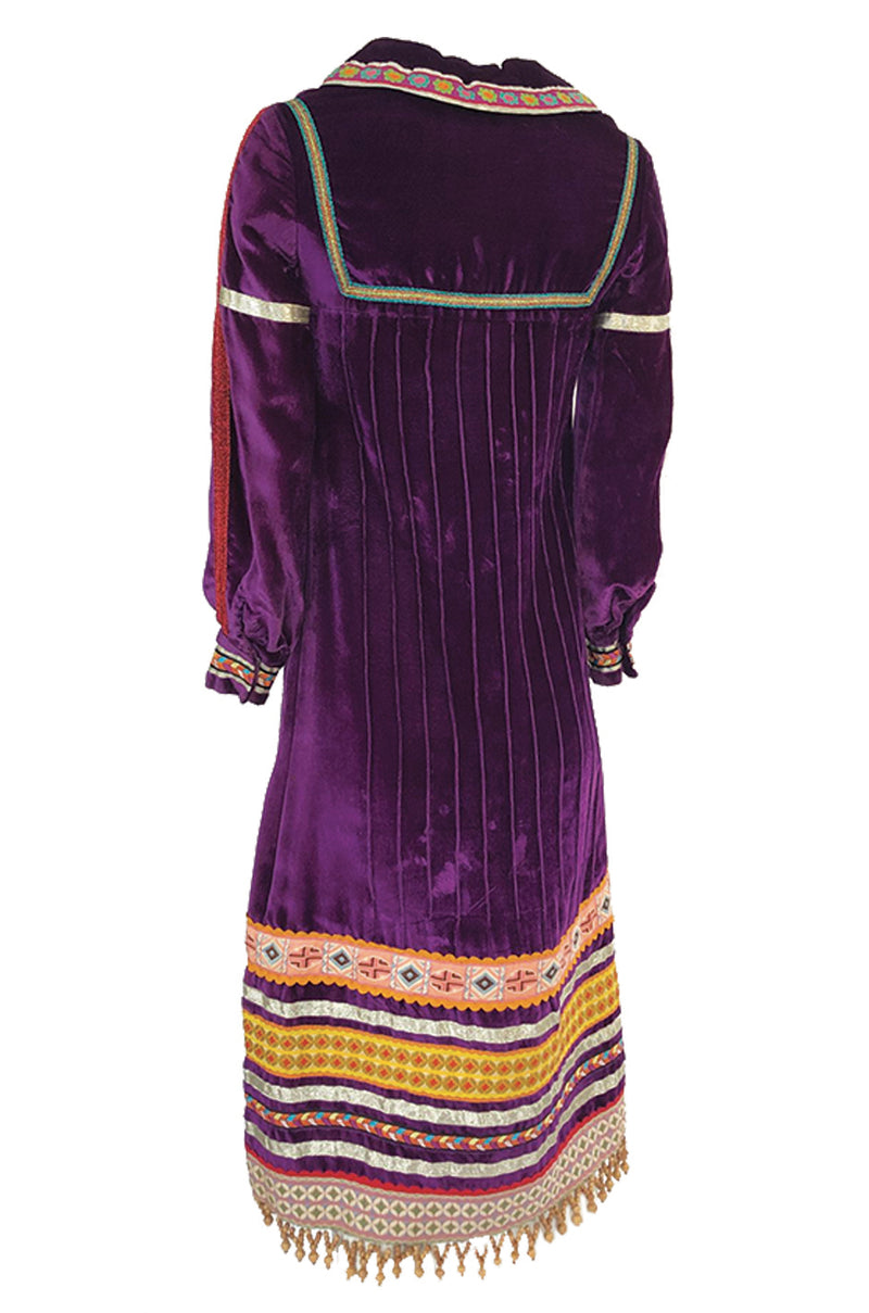1968 Giorgio Sant'Angelo Purple Applique Velvet Dress w Wood Bead Fringe