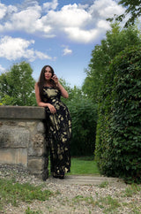 1970s Hanae Mori Gold Metallic Lame Floral Printed Black Silk Chiffon Dress