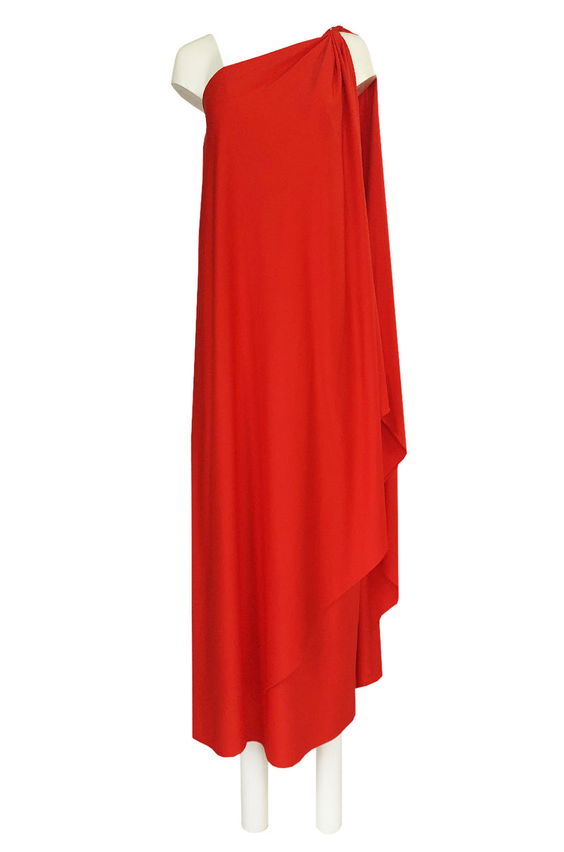 1978 Halston Iconic One Shoulder Red Draped Jersey Halston Dress