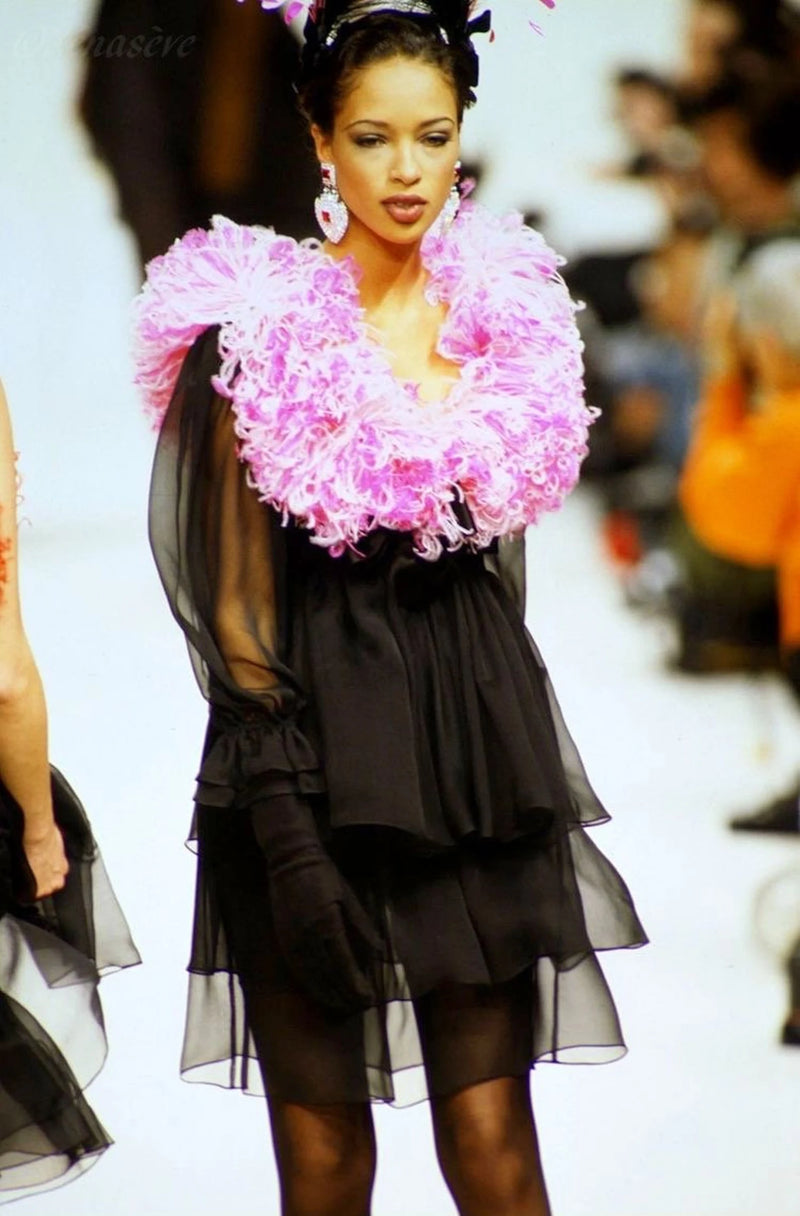 Incredible Fall 1993 Yves Saint Laurent Runway Black Silk Chiffon Dress W Ruffle Full Sleeves