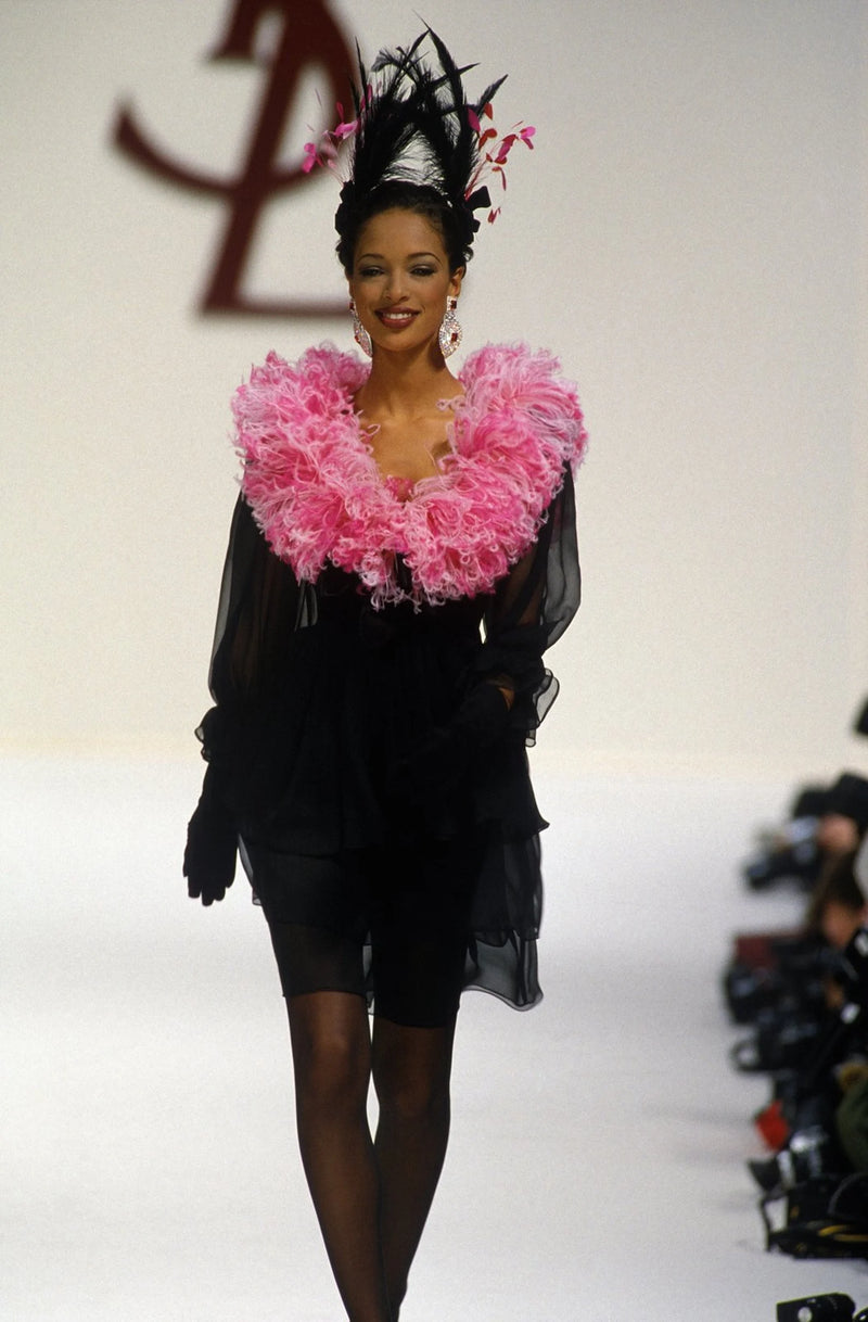 Incredible Fall 1993 Yves Saint Laurent Runway Black Silk Chiffon Dress W Ruffle Full Sleeves