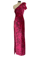 Outstanding 1991-92 Yves Saint Laurent Deep Pink Cut Devore Velvet w Black Under Pattern One Shoulder Dress