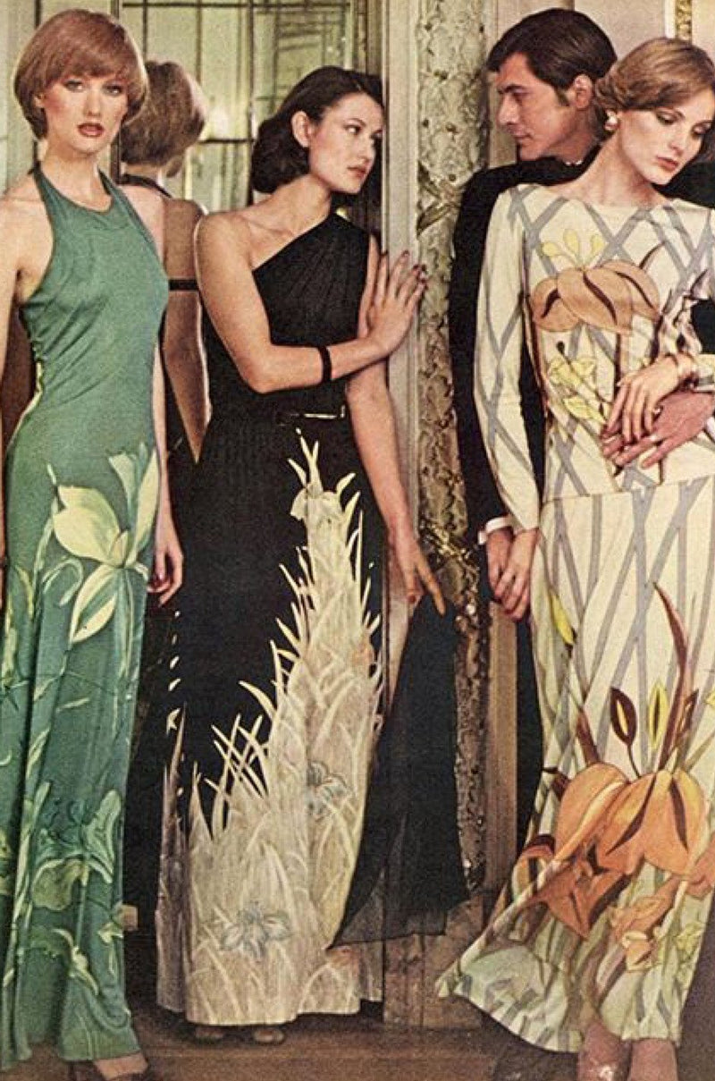 c.1976 Mac Tac Floral Printed Nylon Jersey Dress w Balloon Sleeves