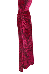 Outstanding 1991-92 Yves Saint Laurent Deep Pink Cut Devore Velvet w Black Under Pattern One Shoulder Dress